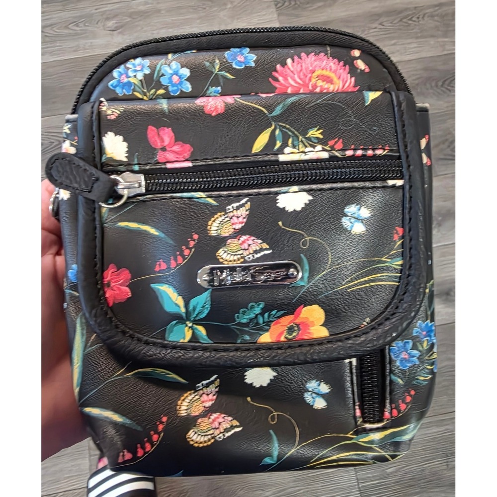 MultiSac Womens Small Crossbody Bag Black Floral Butterfly Print Organizer 11806